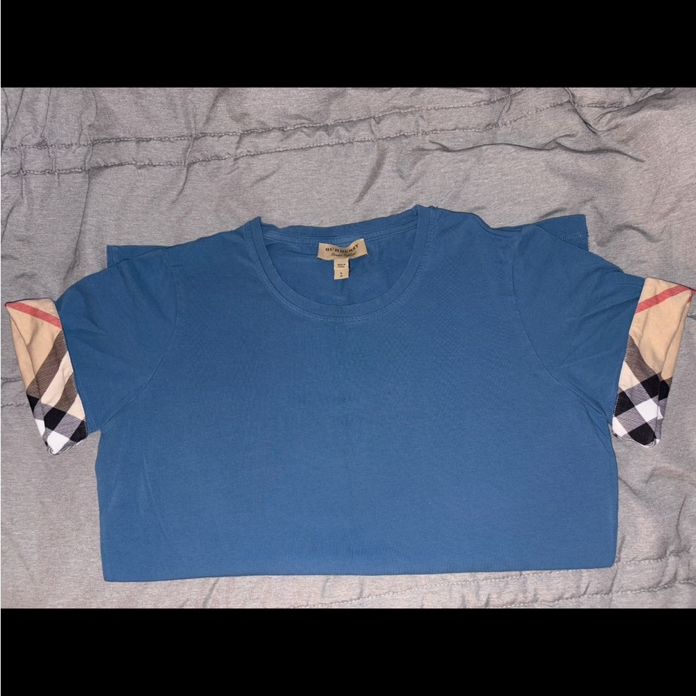 Burberry Blue Short Sleeve T-Shirt with Tan Accents